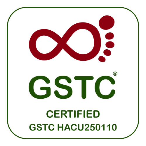 Green lettering with red foot print logo