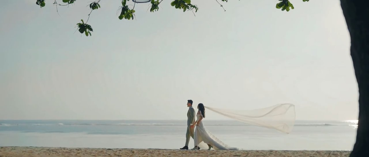 Married couple walking on beach, video still