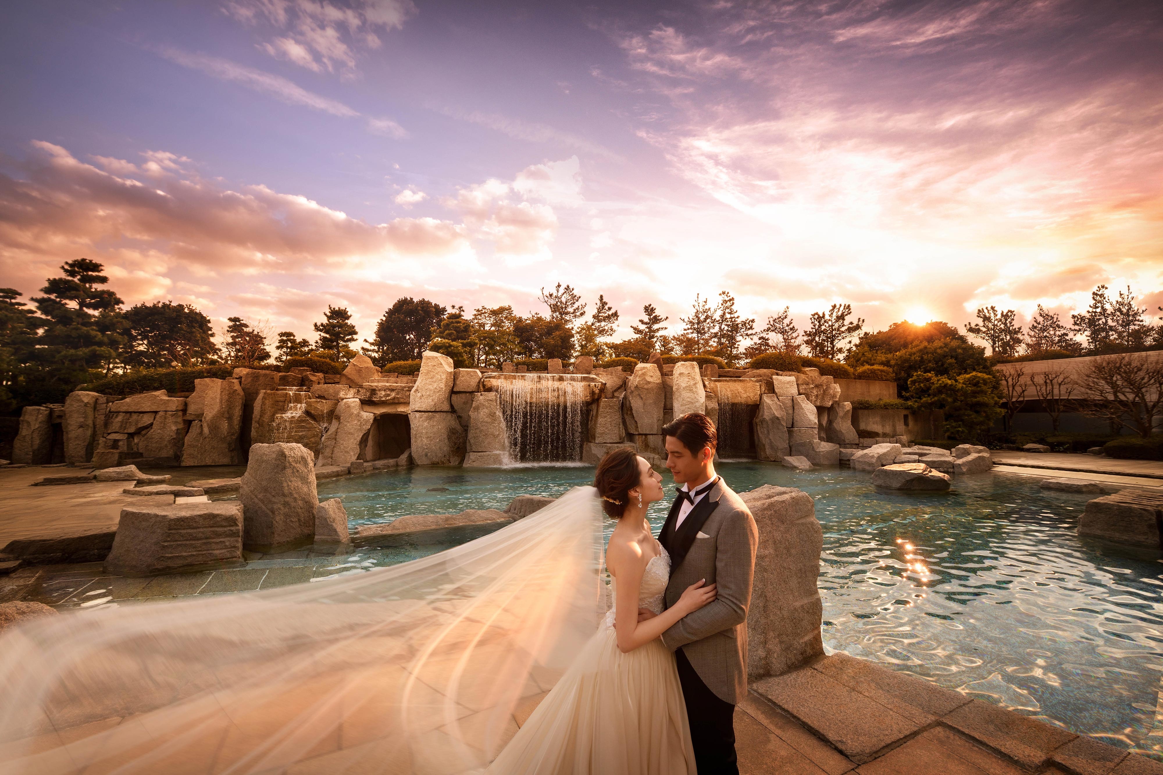 Couple next to pool and images