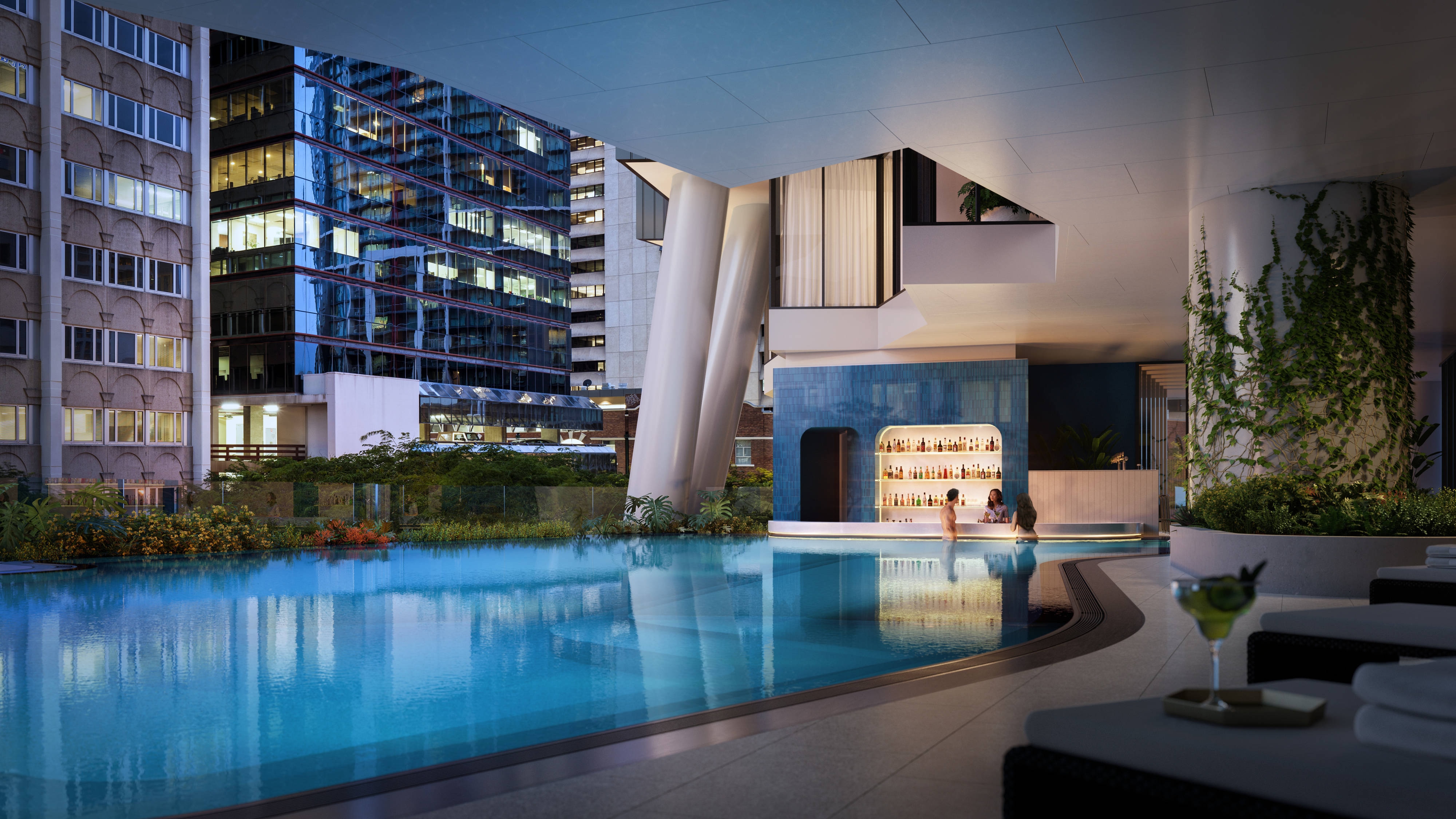 夜间室外泳池和池畔酒吧