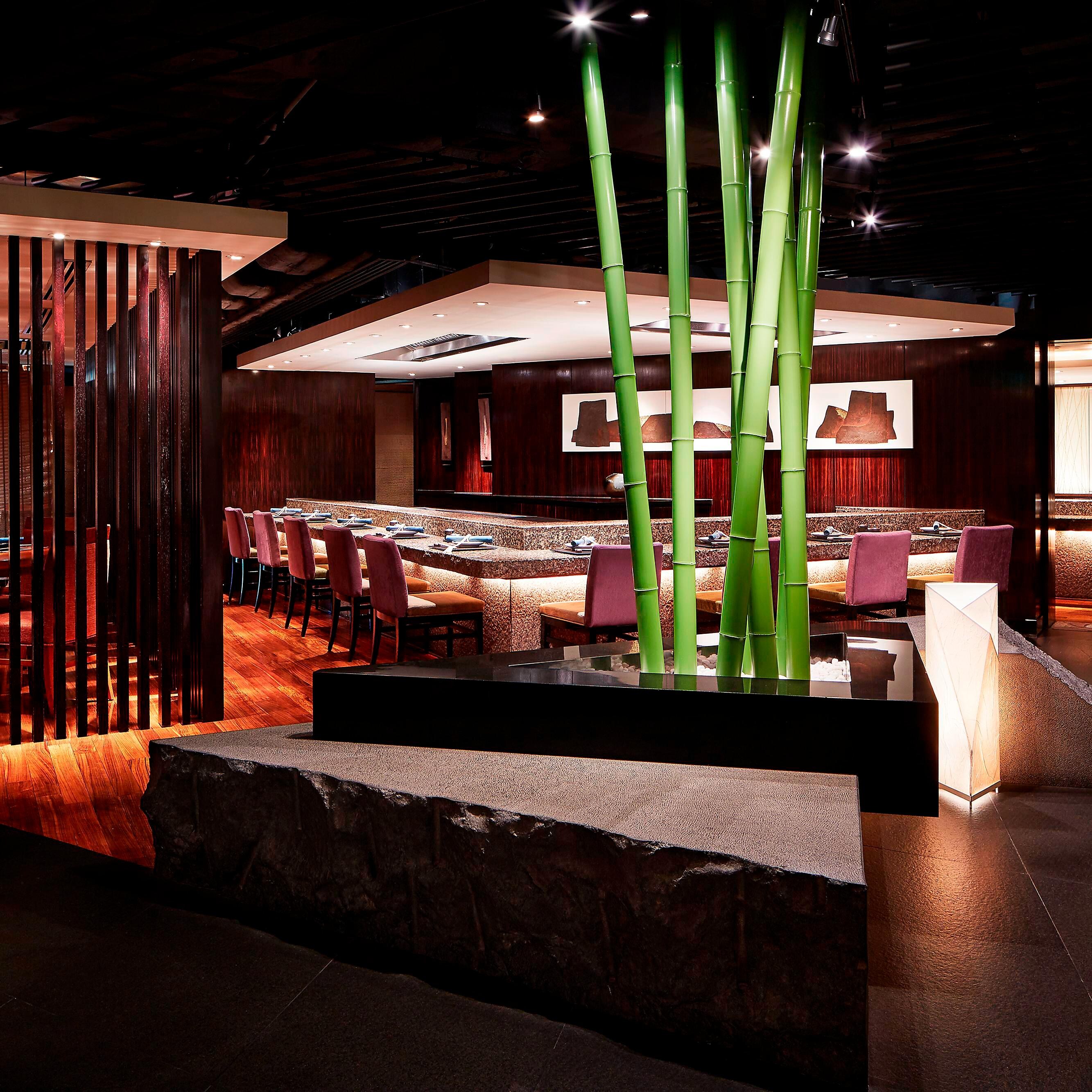 展现深色调和竹子及绿色植物装饰上的灯光