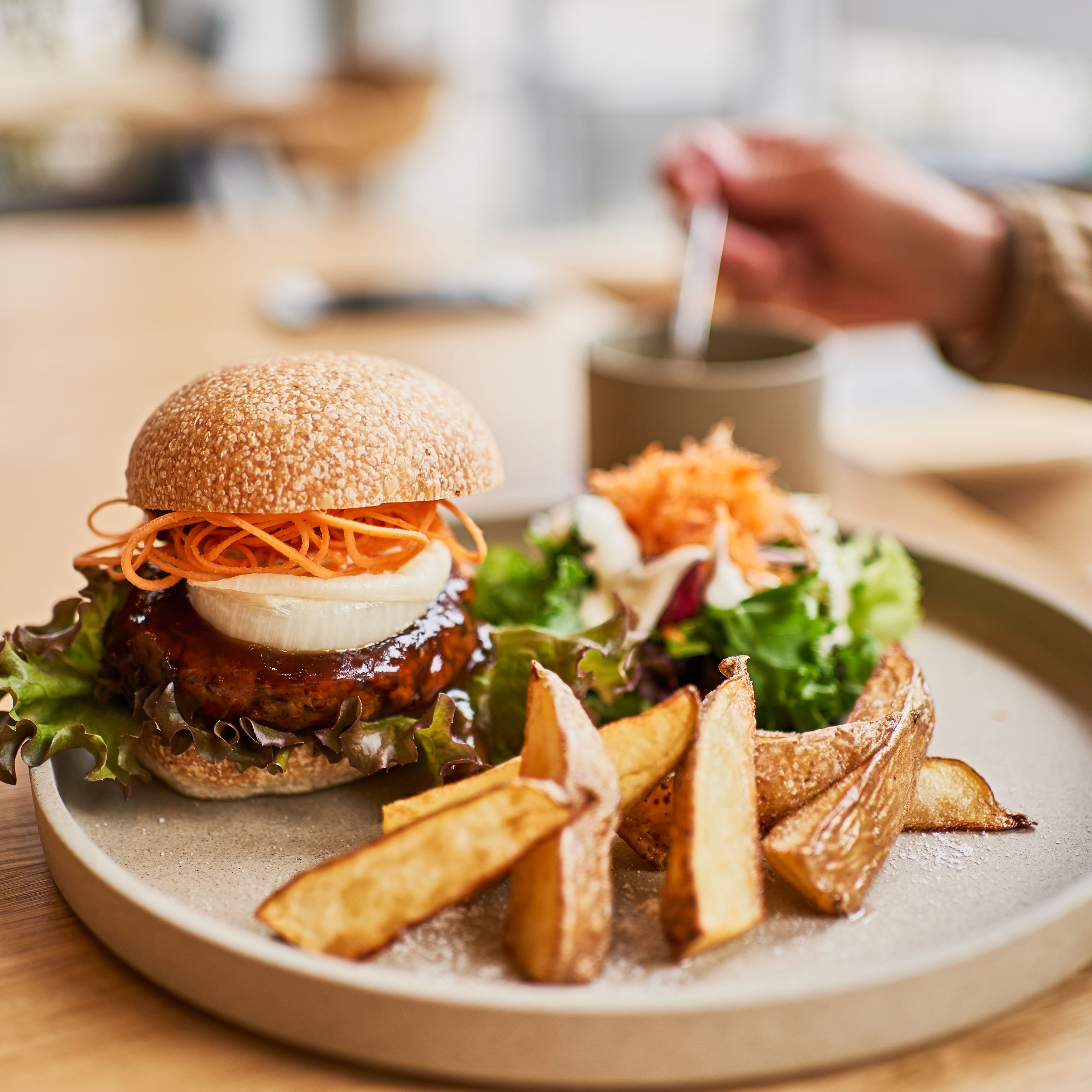 Vegan Cafe's Veggie Burger Lunch Plate.