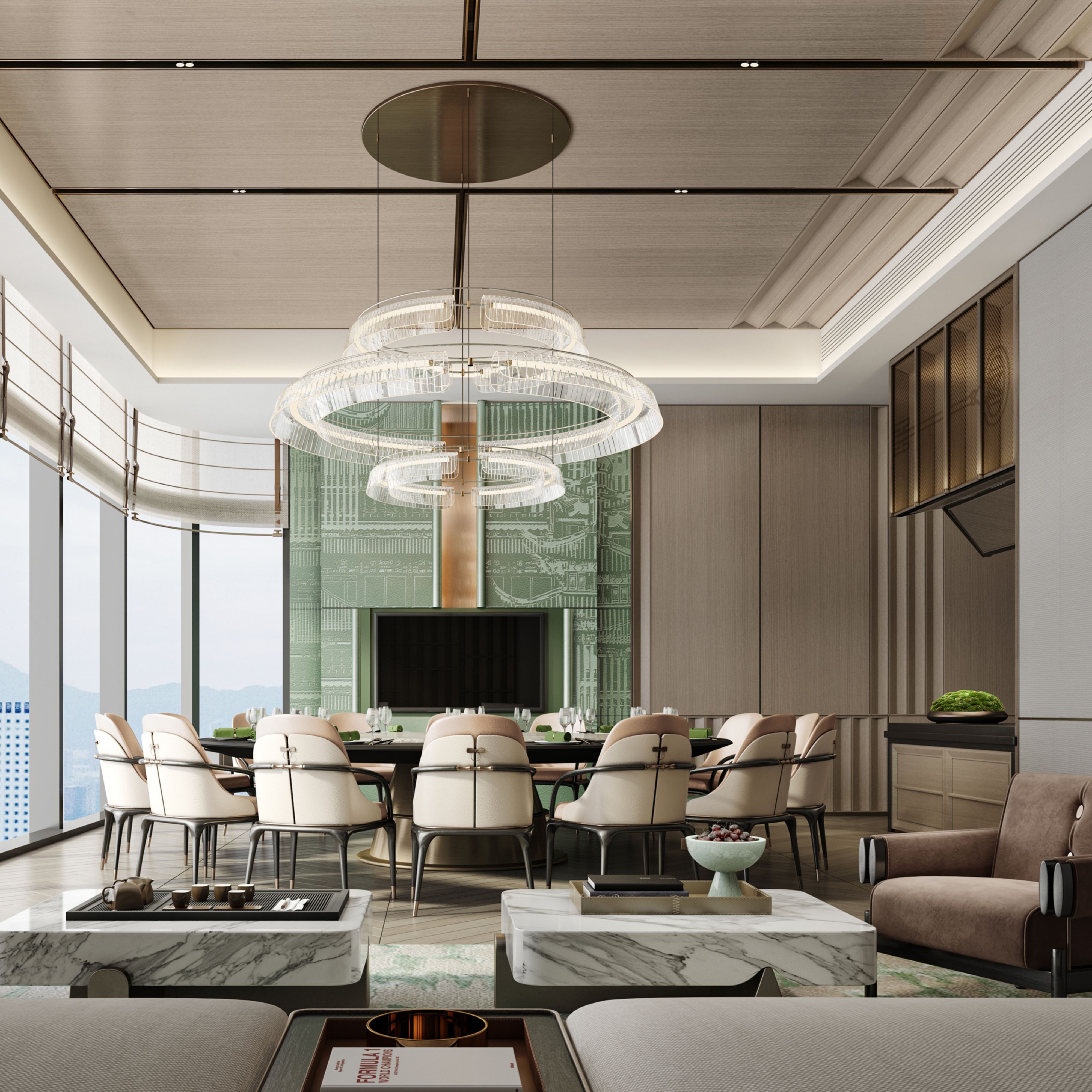 大圆桌、椅子和大窗户   