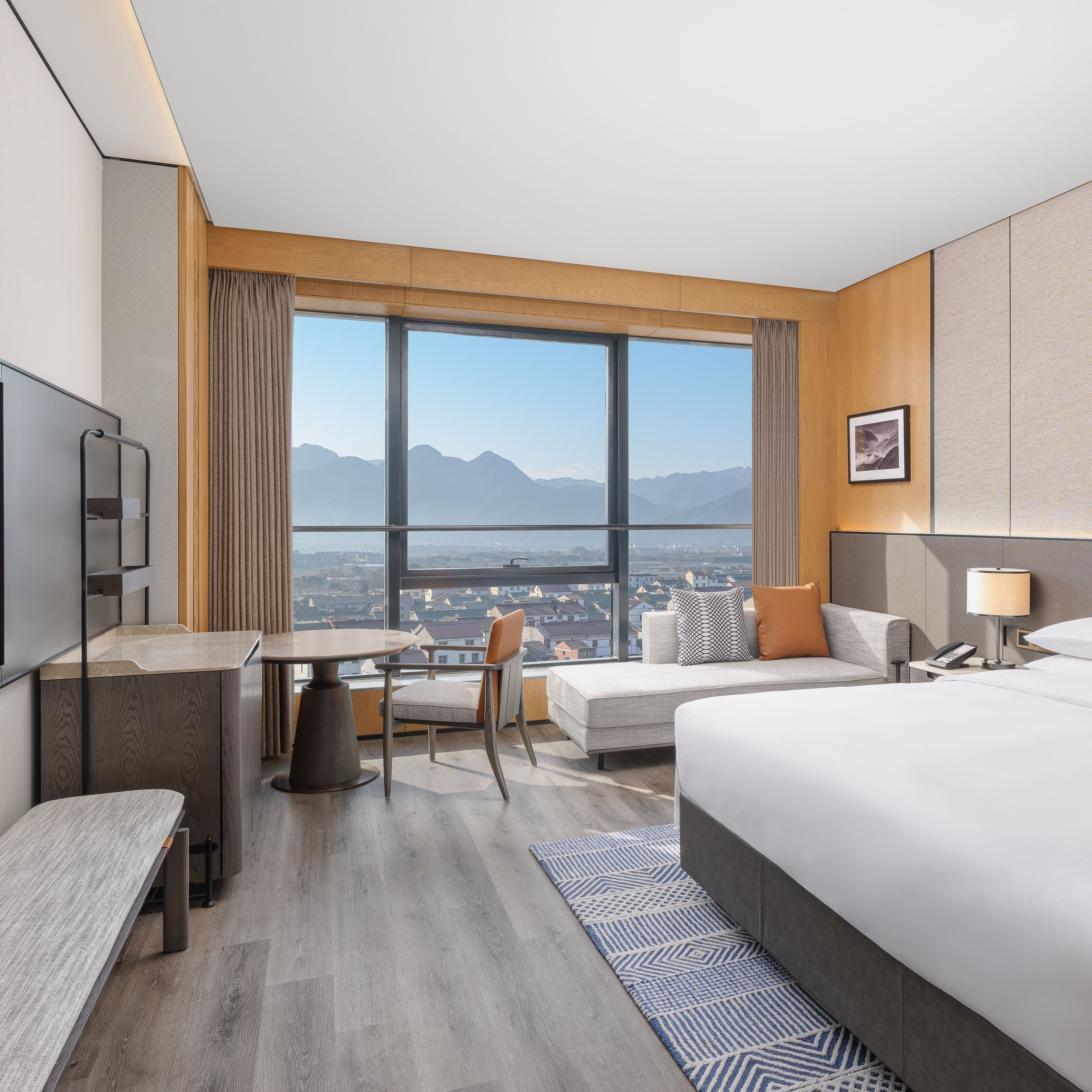 特大床、电视、桌椅、躺椅、景观